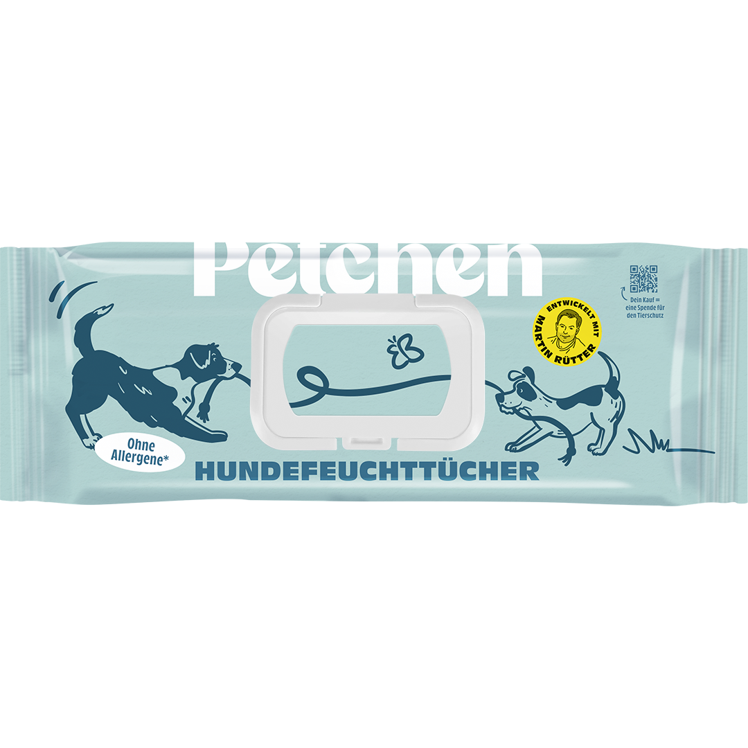 Petchen Hundefeuchttücher – sanfte, allergenfreie Reinigung für Hunde, entwickelt mit Martin Rütter, vegan und ohne Parfüm.