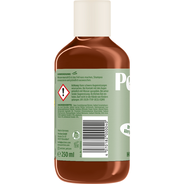 View Rückseite der Petchen Langhaar Hundeshampoo-Flasche – Anwendungshinweise, Inhaltsstoffe und Sicherheitshinweise des veganen, allergenfreien Hundeshampoos, entwickelt mit Martin Rütter - Image 2