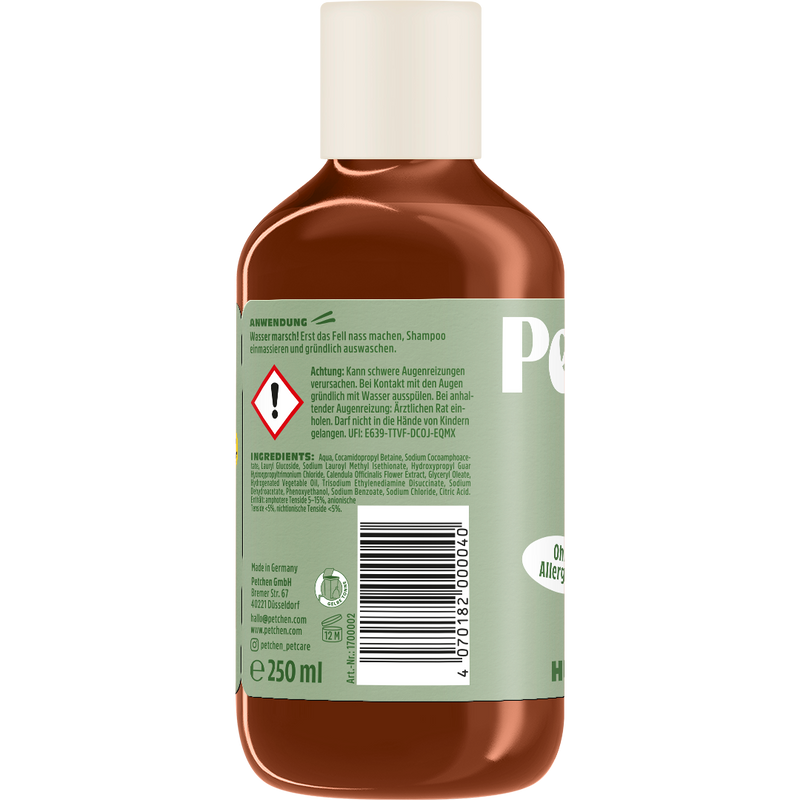 Rückseite der Petchen Langhaar Hundeshampoo-Flasche – Anwendungshinweise, Inhaltsstoffe und Sicherheitshinweise des veganen, allergenfreien Hundeshampoos, entwickelt mit Martin Rütter