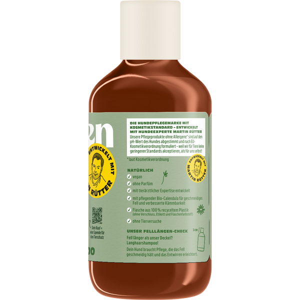 View Rückseite der Petchen Langhaarshampoo-Flasche mit Produktbeschreibung, Anwendungshinweisen und Siegeln ‚Vegan‘, ‚Ohne Parfüm‘ und ‚Entwickelt mit Martin Rütter‘ - Image 4