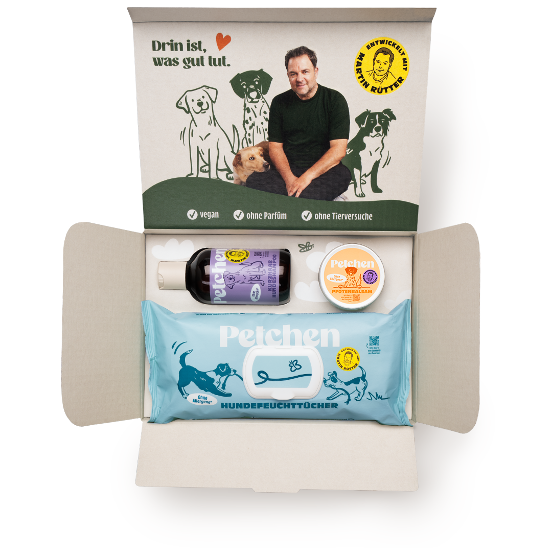 Petchen Pflegeset Kurzhaar – vegane Hundepflege mit Kurzhaarshampoo, Pfotenbalsam und Feuchttüchern, entwickelt mit Martin Rütter, ohne Parfüm und ohne Tierversuche