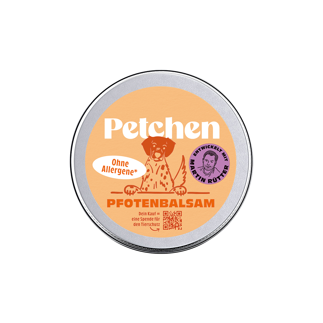 Petchen Pfotenbalsam – natürlicher, allergenfreier Pfotenbalsam für Hunde, entwickelt mit Martin Rütter, spendet Feuchtigkeit und schützt empfindliche Hundepfoten