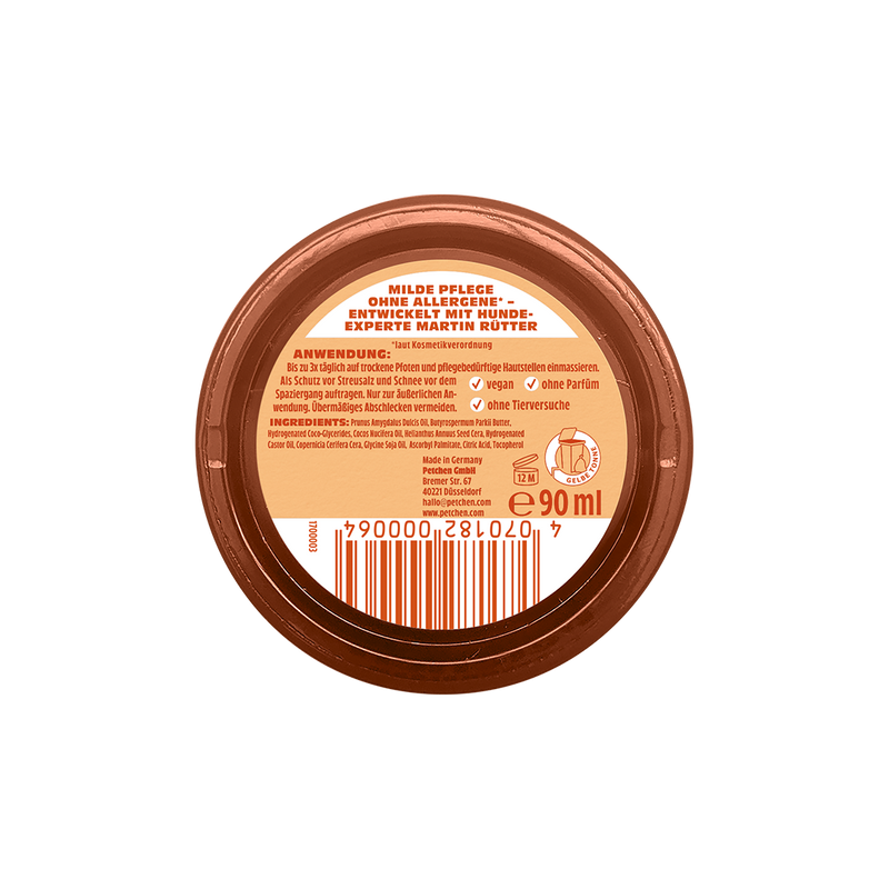 Rückseite der Petchen Pfotenbalsam-Dose – milde, allergenfreie Hundepflege, vegan, ohne Parfüm und ohne Tierversuche, entwickelt mit Hundeexperte Martin Rütter